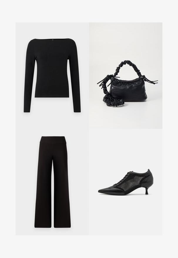 Must mustriga mustpealne särk, millel on paadi kaelus, valmistatud siledast kangast. Lihtne disain, ilma mustrite või aktsentideta.; Mustad lai jalad püksid sujuva paelaga, valmistatud pehmest materjalist. Omavad lõdvemat istuvust ja minimaalset õmblustehnikat.; Mustad mustakottidega jalanõud, millel on võrkpaneeli disain, madala kanna ja nööpidega esiküljel. Valmistatud nahast ja võrkkangast.; Must must sünteetilisest nahast käekott, millel on krokodillimuster, kokku tõmmatav ülaosa ja kortsus rihm. Tundub pehme ja kompaktne disain.