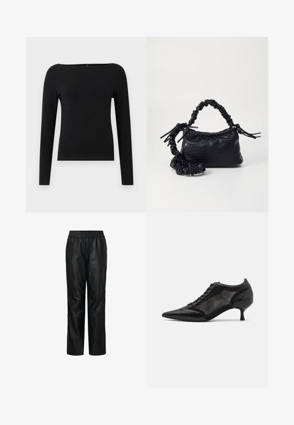 Zwarte lange mouw top met een bootlijn, gemaakt van een gladde stof. Eenvoudig ontwerp zonder patronen of accenten.; Zwarte leren broek met een elastische tailleband, gestructureerd ontwerp, wijde benen, gladde textuur en zichtbare naden en paneeldetails.; Zwarte schoen met spitse neus en een ontwerp met gaaspanelen, voorzien van een lage hak en vetersluiting. Gemaakt van een combinatie van leer en gaasmateriaal.; Zwarte nepleer handtas met een krokodillenstructuur, opgedroogde bovenkant en een gekreukte hengsel. Het lijkt zacht en compact van ontwerp.
