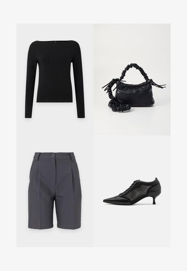 Crni dugoruki top s brodskim izrezom, izrađen od glatke tkanine. Jednostavan dizajn bez uzoraka ili akcenta.; Sive kratke hlače s pregibima, zatvaranjem na dugme i bočnim džepovima. Napravljene od glatkog, laganog materijala s čvrstim krojem.; Crne cipele s oštrom nazubljenom petom i mrežastim panelom, sa niskom petom i vezanjem sprijeda. Izrađene od kombinacije kože i mrežastog materijala.; Crna torba od umjetne kože s teksturom krokodila, s cinčanim vrhom i naboranom trakom. Izgleda mekano i kompaktno u dizajnu.