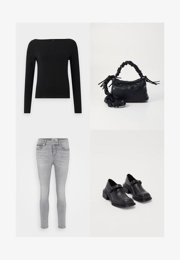 Svart langärmad topp med båtformad halsringning, tillverkad av slät tyg. Enkel design utan mönster eller accenter.; Grå denim slim fit-jeans med fem fickor, knappstängning och bälteshällor. Tyget har en mjuk textur och lätt blekning överallt.; Svart läderskor med rund tån, platt sula och ett band med spänne. Kraftig blockklack för ökad stabilitet.; Svart faux läderhandväska med krokodiltextur, snodd topp och en skrämd rem. Ser mjuk och kompakt ut i designen.; Silvriga metallringörhängen med borstad yta, som har en cirkulär design och en genomskinlig stiftbaksida för säker användning.