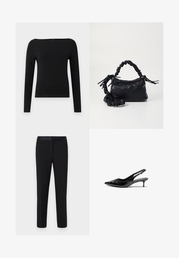 Melna garām piedurknēm topi ar laivu izgriezumu, izgatavots no gludas auduma. Vienkārša dizaina, bez rakstiem vai akcentiem.; Melni bikses ar gludu tekstūru, taisna piegriezuma dizainu un satīna jostu. Iespējams minimāls noformējums un nav redzamu rakstu vai akcentu.; Melni ādas sandales ar norādītu pirkstu, mazu kaķa papēdi un dekoratīvu mezglu detaļu priekšā. Gluda tekstūra visā virsmā.; Melnā mākslīgās ādas rokassoma ar krokodila rakstu, savilkta augšdaļa un saburzīta siksna. Izskatās mīksta un kompakta pēc dizaina.