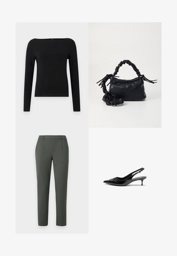 Schwarzes Langarmshirt mit einem schmalen Rundhalsausschnitt, hergestellt aus glattem Stoff. Einfaches Design ohne Muster oder Akzente.; Dunkelgrüne Hose mit maßgeschneidertem Schnitt, ausgestattet mit zwei Seitentaschen, einem Reißverschluss und Falten für ein strukturiertes Design.; Schwarze Leder-Slingback-Absätze mit einer spitzen Zehenform, kleinen Kitten-Absätzen und einem dekorativen Knoten-Detail auf der Vorderseite. Glatte Textur über die gesamte Fläche.; Schwarze Handtasche aus Kunstleder mit Krokodilstruktur, gerafftem oberen Teil und einem geschoppten Tragegurt. Sie wirkt weich und kompakt im Design.
