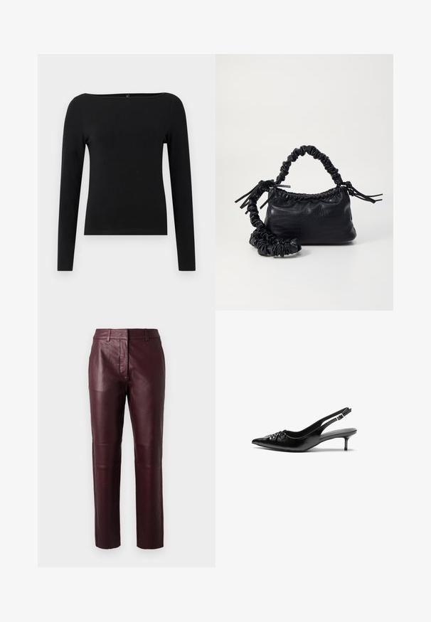 Sort langærmet bluse med bådudskæring, lavet af glat stof. Simpelt design uden mønstre eller accenter.; Burgundy læderbukser med en tætsiddende design, subtil glans og glat overflade. Har en mellemhøj talje og lige ben.; Sorte læderslippers med spidse tæer, lille kitten hæl og en dekorativ knude detalje foran. Glat tekstur hele vejen rundt.; Sort kunstlæder håndtaske med krokodilteksur, indsnøret top og en sammenkrøben rem. Ser blød og kompakt ud i designet.