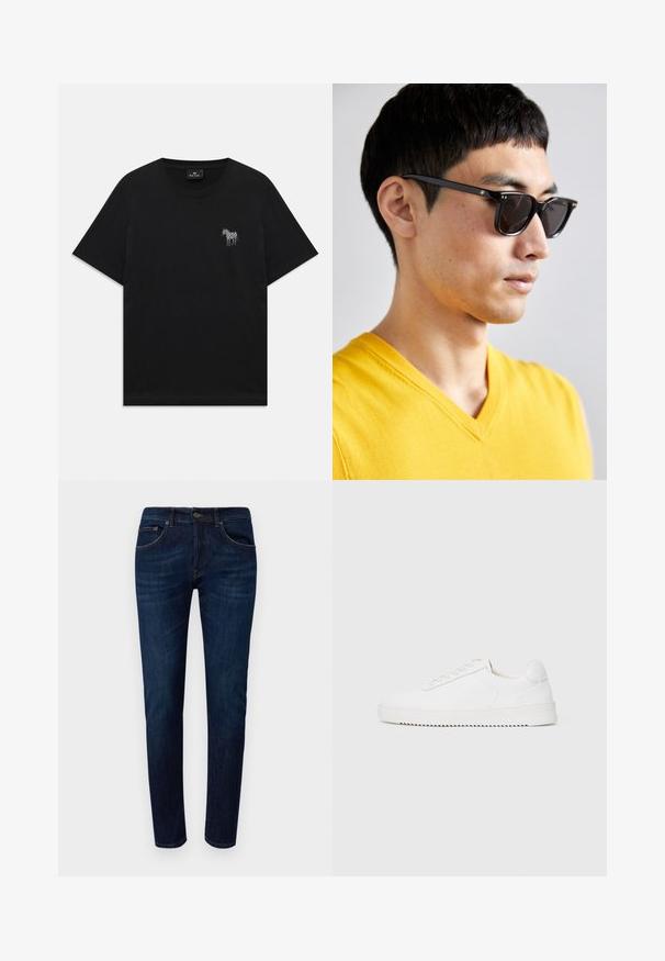 Czarny t-shirt z krótkim rękawem z małym haftowanym białym zebrem na lewej piersi i okrągłym dekoltem.; Dondup ICON niebieski denim; Białe trampki z gładką skórzaną cholewką, okrągłym noskiem, sznurowadłami, teksturowanymi akcentami po bokach oraz grubą gumową podeszwą. Minimalistyczny design.; Okulary przeciwsłoneczne z czarnymi oprawkami i ciemnymi szkłami. Zauważalne detale to małe złote akcenty na zawiasach oraz prostokątny kształt.