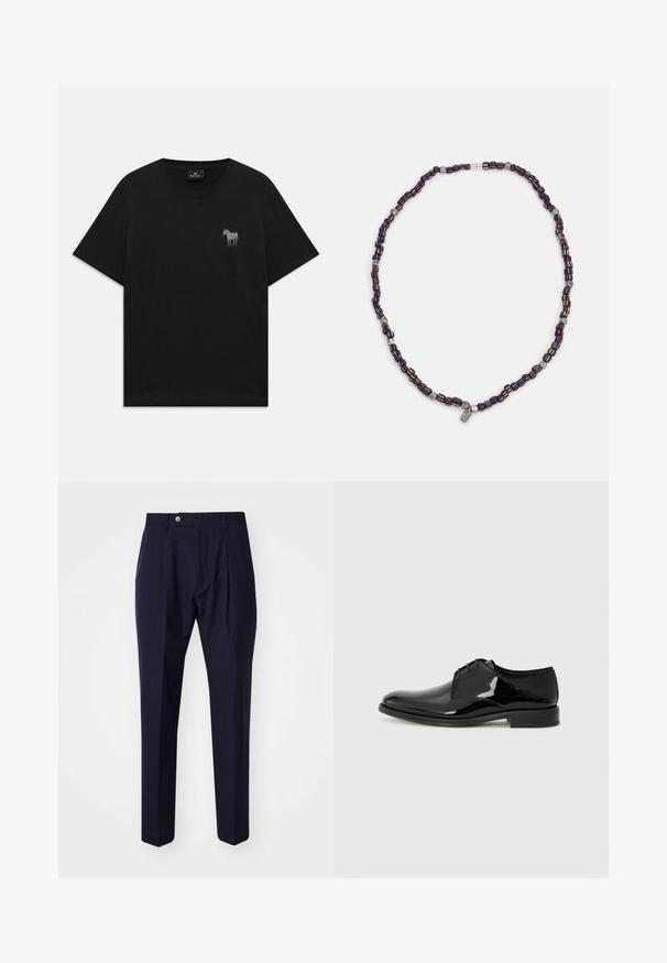Black short-sleeve T-shirt with a small embroidered white zebra on the left chest and a round neckline.; Paul Smith TROUSER - Trousers - grey; Black dress shoe with a polished patent leather finish, rounded toe, and external stitching. Features a low heel and laced closure.; Multicolored beaded necklace with dark blue, red, and yellow beads, interspersed with silver accents and a dangling charm.