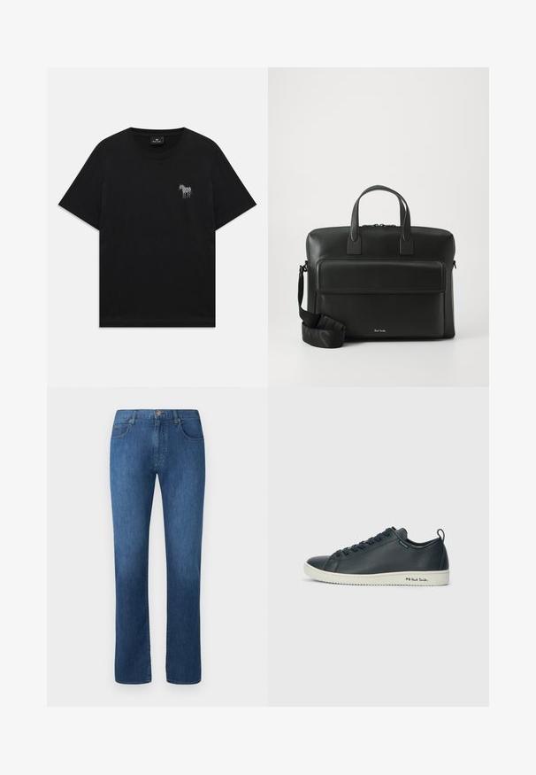 Črna majica s kratkimi rokavi z malim vezenim belim zebrom na levi strani prsnega koša in okroglim izrezom.; Temno modri jeans z ravnim krojem, petimi žepi in sprednjim gumbom za zapiranje. Gladka tekstura in klasične šivane podrobnosti.; Temno mornarsko usnjeno teniško obuvalo z gladko površino, okroglo konico, vezalkami s šestimi očesi ter kontrastnim belim gumijastim podplatom. Na strani se nahaja znamčenje.; Črna usnjena aktovka z dvema zgornjima ročajema, sprednjo žepno in odstranljivim trakom, ki na dnu vsebuje diskretno blagovno oznako.