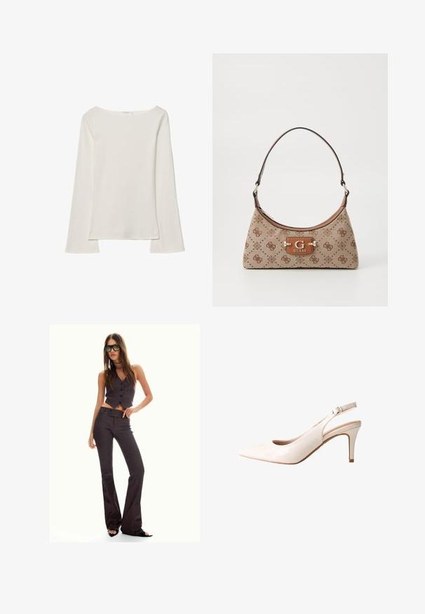 Top crema a maniche lunghe con scollo ampio e maniche svasate. Tessuto liscio e leggero. Design semplice e minimalista senza decorazioni.; Gilet corto a righe marroni e pantaloni a zampa d'elefante, con bottoni e un tessuto testurizzato. Scarpe nere con apertura davanti e occhiali da sole oversize.; Décolleté slingback in vernice bianca brevettata con punta appuntita e tacco sottile. Cinturino alla caviglia regolabile con dettaglio fibbia. Texture liscia.; Borsa a tote in tessuto beige con dettagli a motivo marrone. Presenta una forma curva, una tracolla singola e una placca con logo nella parte anteriore con finiture in metallo argentato.