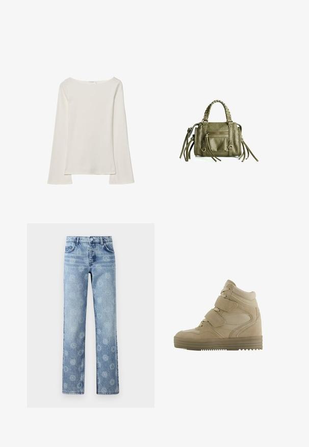 Krémový top s dlouhými rukávy, širokým výstřihem a rozšířenými rukávy. Hladká, lehká látka. Jednoduchý, minimalistický design bez ozdob.; Světle modré denimové džíny s mírně vybledlým povrchem, zdobené květinovým vzorem, pěti kapsami a rovným střihem.; Béžové vysoké tenisky s designem z jemné kůže a síťoviny, nastavitelné suché zipy a silná gumová podrážka se vzorem v zig-zag.; Olive zelená kožená kabelka s pletenými rukojeťmi, zipovým předním kapsou a dekorativními třásněmi. Texturovaný povrch, kompaktní obdélníkový tvar.
