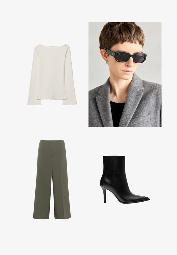 Haut à manches longues crème avec un large décolleté et des manches évasées. Tissu lisse et léger. Design simple et minimaliste sans ornements.; Pantalons évasés en tissu lisse vert olive avec une taille plate et sans poches visibles, présentant une coupe structurée et des lignes épurées.; Botte de cheville en cuir noir avec un bout pointu, un talon aiguille fin, une texture lisse et un design minimaliste. Pas de matériel ou d'accents visibles.; Lunettes de soleil rectangulaires noires avec des verres sombres, finition mate, et logo doré sur la branche ; portées avec un blazer en laine gris et un haut noir.