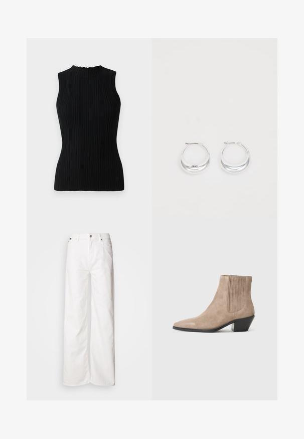 Crni bezrukavni pleteni top s rebrastom teksturom i visokim ovratnikom. Ima uski siluet i minimalistički dizajn.; Bijele traperice širokih nogavica, izrađene od trapera, s visokim strukom, prednjim zatvaračem na gumbe i klasičnim dizajnom džepova. Glatka tekstura.; Bež antilop čizme do gležnja s oštrim nosom i oblikovanim potplatom, s vertikalnim šavovima na bočnim stranama.; Srebrne naušnice u obliku obruča s poliranim završetkom i DKNY brendingom, prikazane na jednobojnoj bijeloj pozadini.