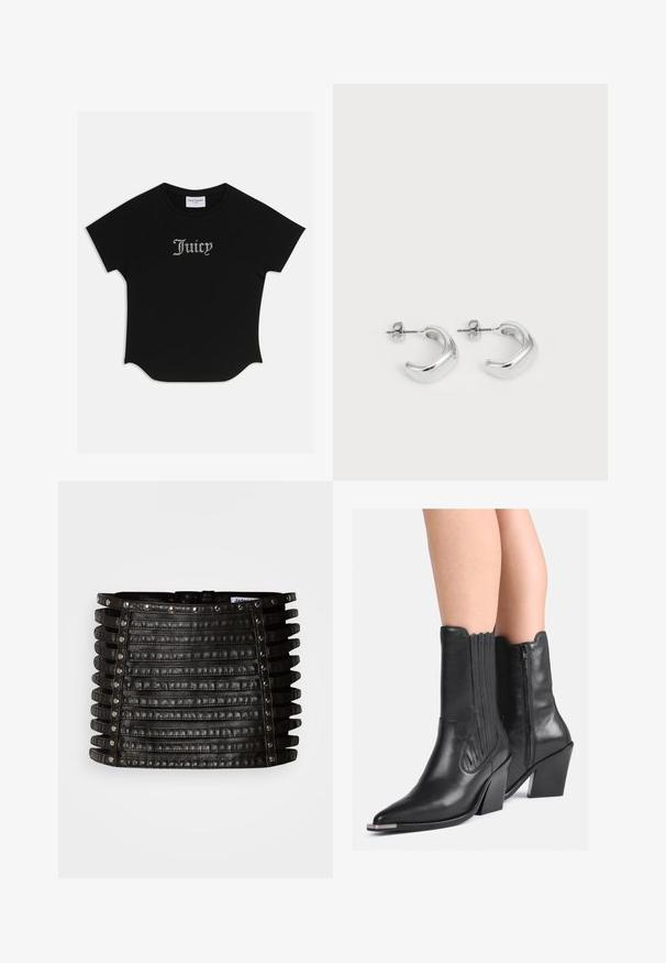 Czarna krótka koszulka z rękawem raglanowym i zaokrąglonym dołem. Z przodu znajduje się ozdobny napis "Juicy" wyszyty kryształkami.; Czarna skórzana mini spódnica z poziomymi paskami ozdobionymi srebrnymi ćwiekami wzdłuż górnej krawędzi i pionowych boków.; Czarne skórzane kowbojki do połowy łydki z szpiczastymi noskami, wyższymi obcasami, bocznym zamkiem błyskawicznym oraz dekoracyjnym przeszyciem noszone na golych nogach.; Srebrne kolczyki w kształcie obręczy z gładkim, wypolerowanym wykończeniem. Okrągły kształt z lekko zakrzywionym wzornictwem i zaokrąglonymi krawędziami. Zapięcie na szpilkę.