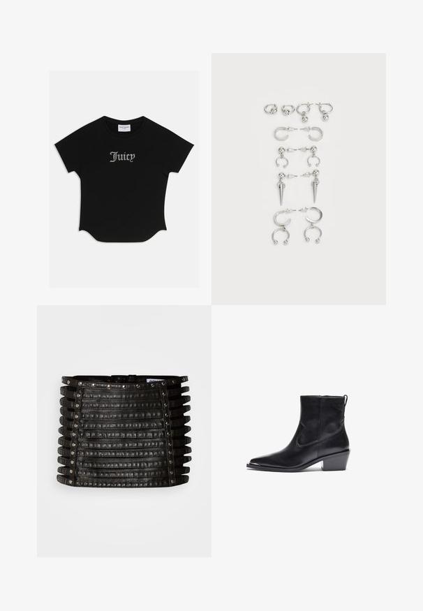 Juoda trumpa rankovė T-marškiniai su apvaliu kraštu ir raglan rankovėmis. Pirmoje pusėje puošniai išdėstyti "Juicy" tekstai, padengti rhinestones akmenukais.; Juodos odos mini sijonas su horizontaliomis dirželio detalėmis ir sidabriniais kniedėmis viršutinėje kraštinėje bei vertikaliuose šonuose.; Juodos odinės kulkšnų botai su smailiu pirštu ir žemu bloku kulnu. Yra šoninė užtrauktukas ir minimalus siuvimo detalės, suteikiančios elegantišką dizainą.; Sidabro auskarų rinkinys, kuriame yra įvairių dizainų: žiedai, studai ir kabančios stiliai, su rutuliukų akcentais ir smailiais elementais.