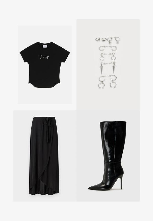 T-shirt noir à manches courtes avec un ourlet arrondi et des manches raglan. Présente le texte "Juicy" rehaussé de strass à l'avant.; Jupe maxi noire en tissu léger, dotée d'un design enroulé, d'un lien à la taille ajustable, et d'une silhouette fluide avec un ourlet arrondi.; Bottes noires en cuir, hautes jusqu'au genou, avec un bout pointu et un talon aiguille haut. Texture lisse et design épuré, avec un minimum de détails.; Ensemble de boucles d'oreilles en argent présentant divers designs : créoles, puces et styles pendants, avec des accents de billes et des éléments pointus.