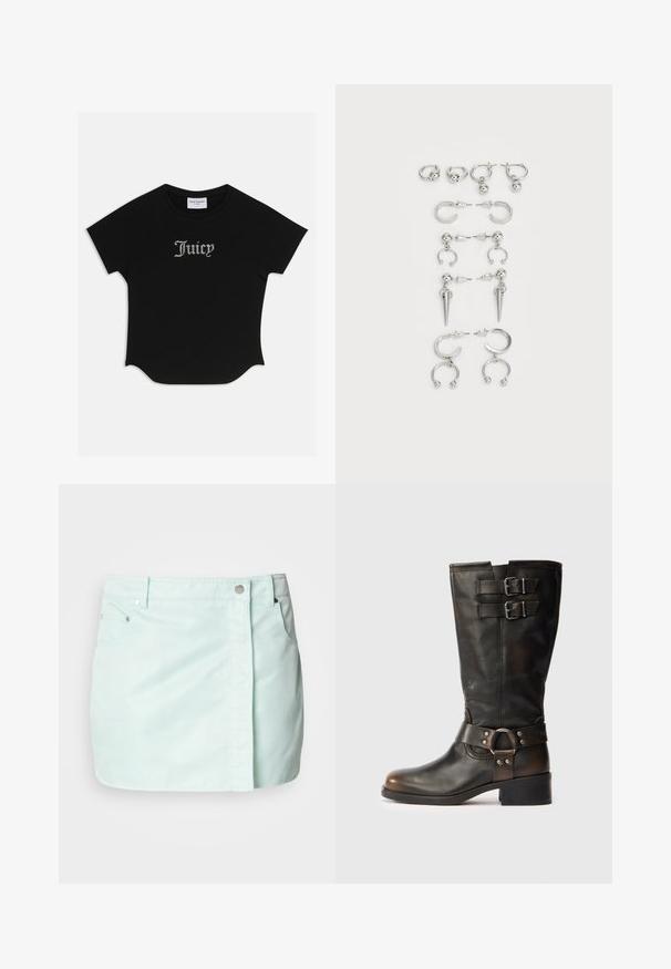 Tricou scurt negru, cu mâneci scurte, hem rotunjit și mâneci raglan. Prezentând textul "Juicy" embellisat cu strasuri pe partea din față.; Fustă din denim verde mentă deschis, cu închidere prin buton și fermoar în față, două buzunare laterale și o textură curată și netedă.; Botină din piele neagră până la jumătatea gambei, cu două catarame aproape de vârf și o curea cu detaliu în formă de inel metalic în jurul gleznei, pe un fundal alb.; Set de cercei din argint cu diverse modele: cercei rotunzi, cercei tip pandantiv și cercei cu aplicări, cu elemente sferice și ascuțite.