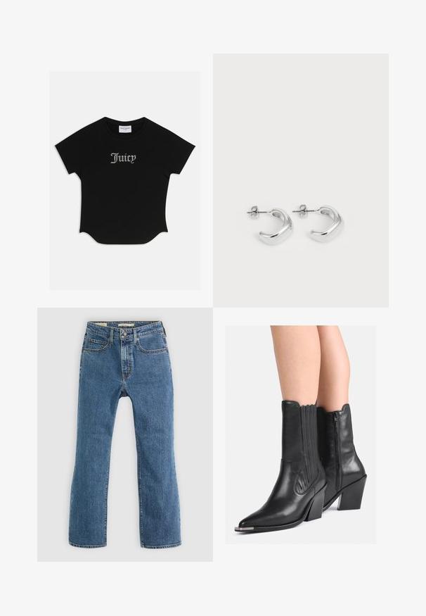 T-shirt preto de manga curta com bainha arredondada e mangas raglan. Apresenta o texto "Juicy" adornado com strass na parte da frente.; Jeans de denim azul com um design de perna reta. Apresenta cinco bolsos, um fecho com botão padrão e zip, e costuras visíveis como destaque.; Botas de cowboy de couro preto até à meia-perna com pontas afiadas, saltos empilhados, fecho lateral e costura decorativa, usadas com as pernas nuas.; Brincos de argola de prata com um acabamento liso e polido. Forma redonda com um design ligeiramente curvado e bordas suavizadas. Fecho de pino.