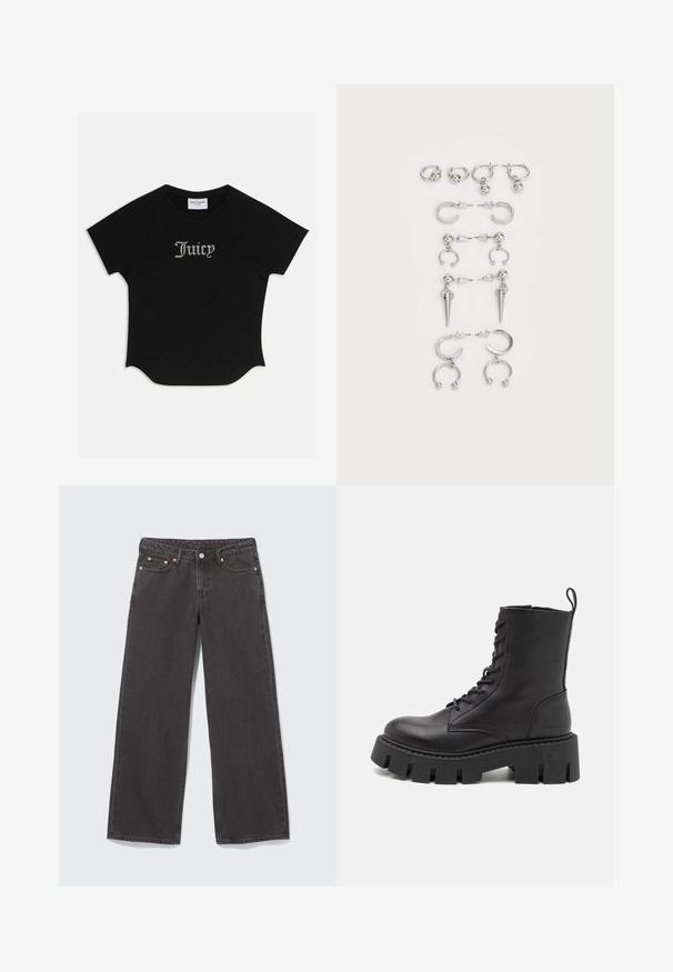 Black short-sleeve T-shirt with a rounded hem and raglan sleeves. Features embellished "Juicy" text in rhinestones on the front.; Wide-leg black denim jeans with copper rivets, five pockets, and a button closure. Soft, sturdy texture, with a straight cut from waist to hem.; Black leather ankle boot with a lace-up front, thick platform sole, and loop pull tab; smooth texture and subtle branding on heel.; Set of silver earrings featuring various designs: hoops, studs, and dangling styles, with ball accents and pointed elements.