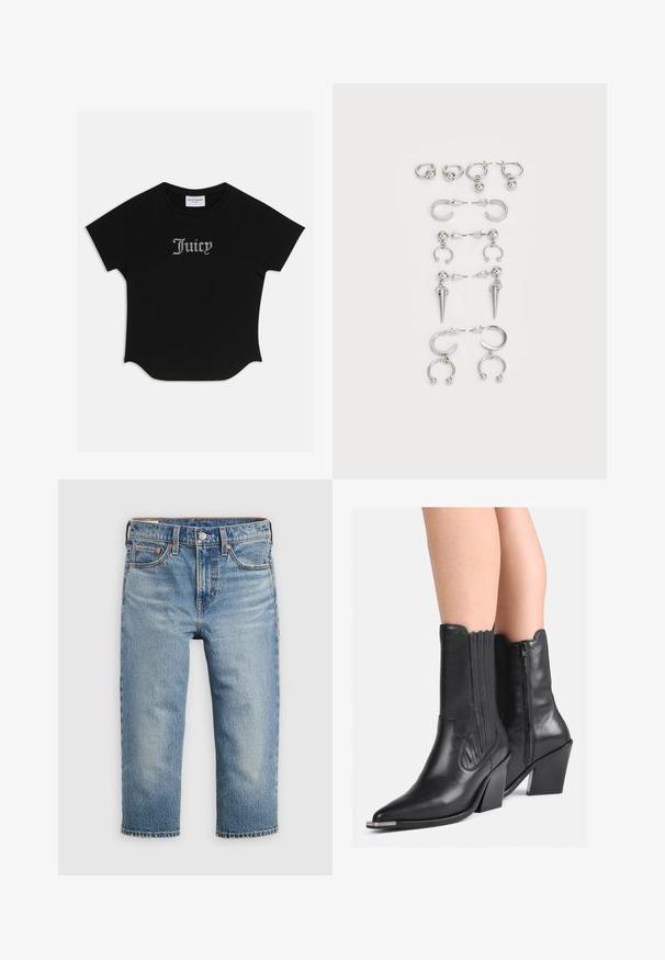 T-shirt preto de manga curta com bainha arredondada e mangas raglan. Apresenta o texto "Juicy" adornado com strass na parte da frente.; Calças de ganga azul claro com corte descontraído, comprimento cropped, cinco bolsos e fecho com botão metálico. Textura desbotada com detalhes subtis de costura.; Botas de cowboy de couro preto até à meia-perna com pontas afiadas, saltos empilhados, fecho lateral e costura decorativa, usadas com as pernas nuas.; Conjunto de brincos de prata com diversos designs: argolas, studs e modelos pendentes, com acentos de bola e elementos pontiagudos.