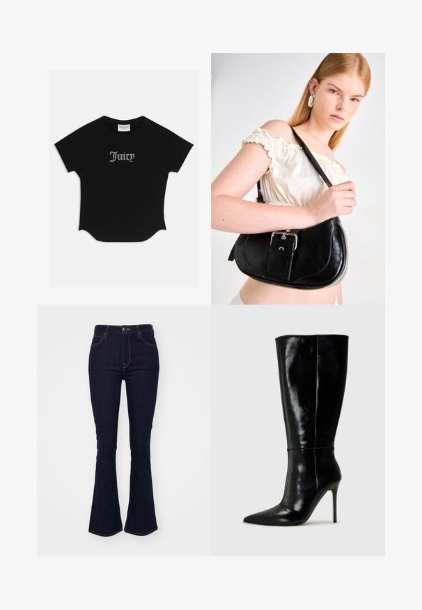 Mustikas lühikeste varrukatega T-särk ümarate äärtega ja raglanvarrukatega. Ees on kaunistatud "Juicy" tekst sädelevate kividega.; Tumedad jeansid, flared stiilis, denimist, kõrge vöökohaga, viie-tasku disainiga ning kontrastsete oranžide õmblustega. ; Mustad nahast kuni põlveni ulatuvad saapad terava ninaga ja kõrge stiletto kontsaga. Sile tekstuur ja stiilne disain, millel on minimaalne kaunistus.; Must küllast must nahk õlakott, millel on kõver kuju, läikiv hõbedane riistvara ja eemaldatav silt. Sile tekstuur, millel on peened õmblused.; Hõbedased rõngas kõrvarõngad, millel on sile ja poleeritud viimistlus. Ümmargune kuju, millel on veidi kumer disain ja sulandatud servad. Klambri sulgemine.