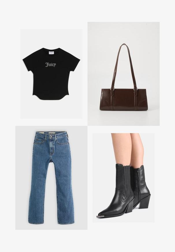 Black short-sleeve T-shirt with a rounded hem and raglan sleeves. Features embellished "Juicy" text in rhinestones on the front.; Blue denim jeans with a straight leg design. Features five pockets, a standard button and zip closure, and visible stitching accents.; Black leather mid-calf cowboy boots with pointed toes, stacked heels, side zipper, and decorative stitching worn on bare legs.; Brown patent leather handbag with a rectangular shape, two long handles, and subtle curved accents on the front.; Silver hoop earrings with a smooth, polished finish. Round shape with a slightly curved design and blended edges. Pin back closure.