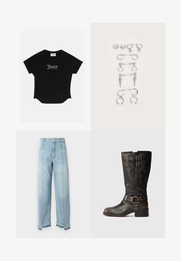 T-shirt preto de manga curta com bainha arredondada e mangas raglan. Apresenta o texto "Juicy" adornado com strass na parte da frente.; Calças de ganga azul claro com pernas largas, cintura alta e bainha desfiada. Apresenta dois bolsos frontais e costura visível ao longo das costuras.; Botas de couro pretas até à metade da panturrilha com dois fechos de fivela perto do topo e uma fita com detalhe de anel metálico à volta do tornozelo, sobre um fundo branco.; Conjunto de brincos de prata com diversos designs: argolas, studs e modelos pendentes, com acentos de bola e elementos pontiagudos.