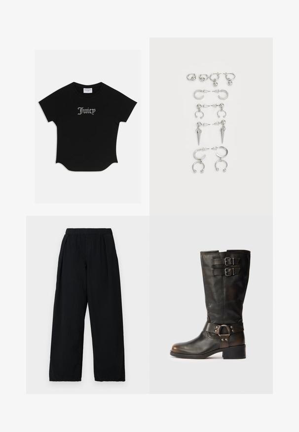 Czarna krótka koszulka z rękawem raglanowym i zaokrąglonym dołem. Z przodu znajduje się ozdobny napis "Juicy" wyszyty kryształkami.; BDG Urban Outfitters BOBBI czarny; Czarne skórzane botki do połowy łydki z dwoma klamrami w górnej części oraz paskiem z metalowym detalem wokół kostki na białym tle.; Zestaw srebrnych kolczyków z różnymi wzorami: kółka, sztyfty i wiszące style, z kulistymi akcentami i spiczastymi elementami.
