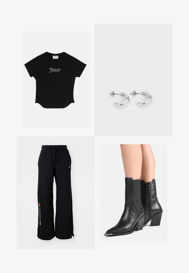T-shirt preto de manga curta com bainha arredondada e mangas raglan. Apresenta o texto "Juicy" adornado com strass na parte da frente.; Calças de fato pretas feitas de algodão, com um cós elástico ajustável, fendas laterais na bainha e texto em laranja e branco em contraste numa das pernas.; Botas de cowboy de couro preto até à meia-perna com pontas afiadas, saltos empilhados, fecho lateral e costura decorativa, usadas com as pernas nuas.; Brincos de argola de prata com um acabamento liso e polido. Forma redonda com um design ligeiramente curvado e bordas suavizadas. Fecho de pino.