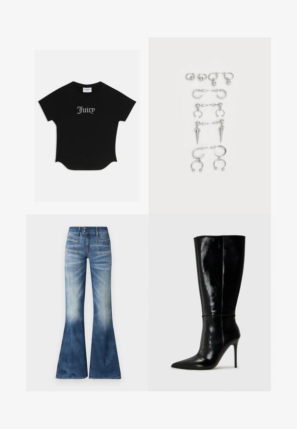 Čierne tričko s krátkym rukávom, zaobleným lemom a raglánovými rukávmi. Na prednej strane sú zdobené textom "Juicy" z kamienkov.; Rozšírené modré džínsy s jemným prechodom farieb z svetlého na tmavý, dve predné vrecká a zapínanie na gombík. Majú minimálne stehy a hladkú textúru.; Čierne kožené čižmy po kolená s špicatou špičkou a vysokým stiletto podpätkom. Hladká textúra a elegantný dizajn s minimálnymi detailmi.; Sada strieborných náušníc s rôznymi dizajnmi: kruhové, puzety a visiace štýly, s okrúhlymi akcentmi a špicatými prvkami.