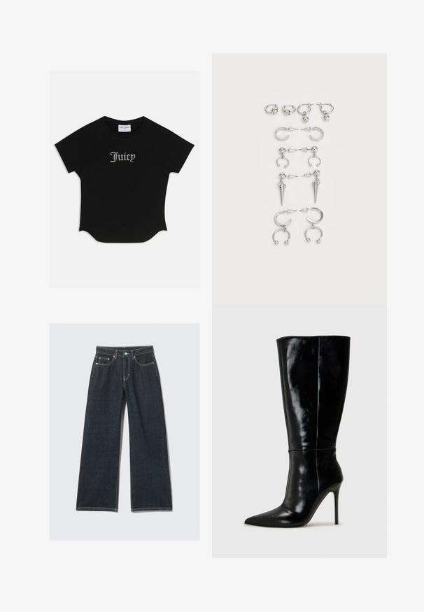 Černé tričko s krátkým rukávem a zaobleným lemem, raglánové rukávy. Na přední straně zdobený nápis "Juicy" z kamínků.; Tmavě modré široké džíny vyrobené z denimu, se zapínáním na knoflík a zip, pěti kapsami a kontrastními švy.; Černé kožené vysoké boty po kolena s špičatou špičkou a vysokým jehlovým podpatkem. Hladká textura a elegantní design, s minimálními detaily.; Sada stříbrných náušnic s různými designy: kruhy, pecky a visací styly, se kuličkovými akcenty a špičatými prvky.