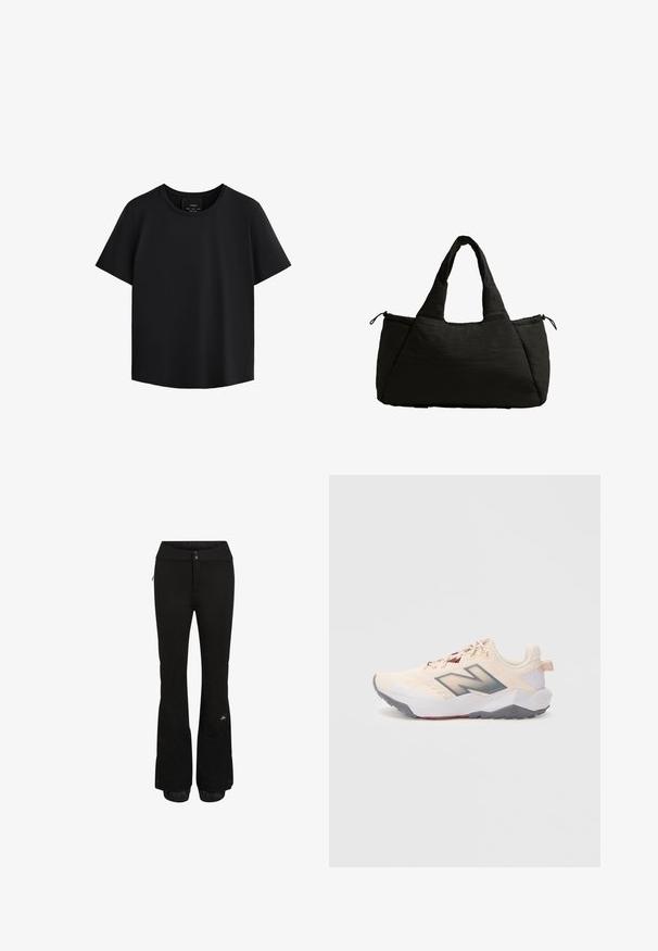 Schwarzes Kurzarmoberteil mit Rundhalsausschnitt, aus glattem Stoff gefertigt, mit geradem Schnitt und dezenten Seitennähten zur Formgebung.; Schwarze Snowpants mit schlankem Design, aus strapazierfähigem Stoff gefertigt. Verfügt über Reißverschlusstaschen und elastische Bündchen an den Beinen mit einem Markenlogo-Detail.; Hellbeige Sport-Sneaker mit grauer Sohle, dunkelgrauem "N"-Logo und maronenroten Akzenten, von der linken Seite auf einem weißen Hintergrund betrachtet.; Schwarze Einkaufstasche mit einer fluffigen Textur, ausgestattet mit zwei kurzen Griffen und einer Seitentasche, die mit einem Kordelzug gesichert ist. Einfaches, kantiges Design.