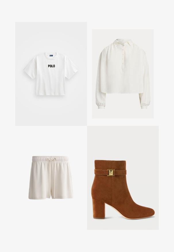 Hvid bomulds t-shirt med korte ærmer, der har et sort broderet "POLO" logo på forsiden. Enkel, firkantet design.; Hvid skjorte med knapper og krave, cropped design og lange ballonærmer. Fremstillet af blødt stof med en glat tekstur.; Cremefarvede shorts lavet af blødt materiale, med elastisk talje og snøre samt en enkel nederdelsdesign.; Brune ruskind ankelstøvle med blokhæl. Har en guldtonet spænde rem ved anklen og en glat, spids tå.