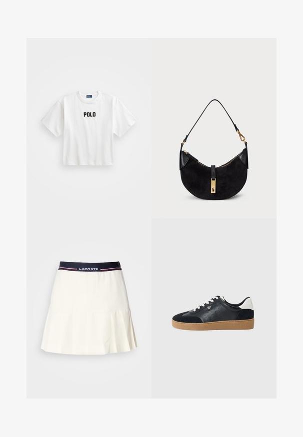 Bijela pamučna majica s kratkim rukavima, koja na prednjoj strani ima crni izvezeni "POLO" logo. Jednostavan, kutni dizajn.; Bijela suknja s naborima i tamnoplavim pojasom na kojem se nalazi Lacoste logo i crveni detalji. Izrađena od glatkog, mekanog materijala.; Crne kožne i sued cipele s laganom smeškom gumene potplate. Imaju bele vezice i male perforacije sa strane. Prisutno je Michael Kors logo.; Crna torba s zakrivljenim oblikom, napravljena od antilopa i kože, s zlatnim patentnim zatvaračem i detaljem s logotipom. Ima kratku ručku.