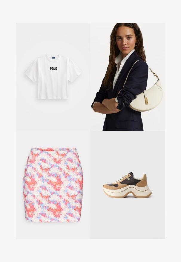Bela bomba majica s kratkimi rokavi, na sprednji strani ima črno vezeno oznako "POLO". Preprost, kvadratast dizajn.; Barvna cvetna mini krila z oprijetim krojem, ki prikazuje odtenke rožnate, modre in bele barve na mehki teksturi tkanine.; Teniske z debelim podplatom v bež in temno rjavi barvi s sue šnitami, belimi vezalkami in majhnim zlatim MK obeskom na strani.; Bela usnjena torbica s ukrivljeno obliko, z zlatimi dodatki in teksturirano površino, nošena čez temen blazer in belo srajco.