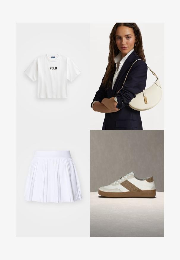 Valkoinen puuvillapaita lyhyillä hihoilla, jossa on musta brodeerattu "POLO"-logo edessä. Yksinkertainen, laatikkomainen muotoilu.; Valkoinen laskostettu hame, jossa on pehmeä joustava vyötärö, ominaisena sileä pinta ja minimalistinen muotoilu ilman lisäkuvioita tai korostuksia.; Valkoinen tennari, jossa vaaleanbeigen sävyisiä mokkaisia yksityiskohtia, kuvioitu sivuraita, pyöreä kärki, valkoiset nauhat ja ruskea kumipohja. Merkintä kantapäässä.; Valkoinen nahkalaukku, jossa on kaareva muoto, kultaiset yksityiskohdat ja teksturoitu pinta, pukeutuneena tumman bleiserin ja valkoisen paidan päälle.