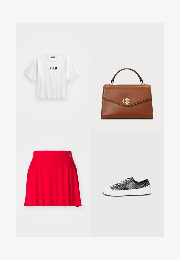 Balta kokvilnas T-krekls ar īsām piedurknēm, ar melnu izšūtu "POLO" logo priekšpusē. Vienkāršs, kvadrātveida dizains.; Sarkana ceļa garuma svārku, kas izgatavota no stieptā auduma ar gludu tekstūru. Iespējīga plata jostasvieta un izplešanās dizains. Zīmola logo uz jostasvietas.; Melni un pelēki rakstainie sporta apavi ar baltu gumijas purniņu un zolīti, melnām šņorēm un teksturētu augšdaļu.; Brūns ādas rokassoma ar strukturētu dizainu, augšējo rokturi, zelta detaļām un logo akcentu priekšpusē. Gluda tekstūra.