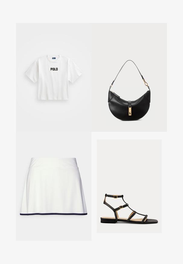 Balta kokvilnas T-krekls ar īsām piedurknēm, ar melnu izšūtu "POLO" logo priekšpusē. Vienkāršs, kvadrātveida dizains.; Balta svārku šortos ar izplestu dizainu, kas izceļas ar gludu virsmu, platām jostām un tumši zilām malām apakšējā apmala.; Melnas plakanas sandales ar vairākiem siksnām, ar zelta detaļām un gludu tekstūru. Zema profila dizains ar mīkstu zoli.; Melnas ādas rokas soma pusmēness formas. Iezīmē zelta metāla akcentus un šauru siksniņu. Gluda tekstūra, rāvējslēdzēja aizdare augšpusē.