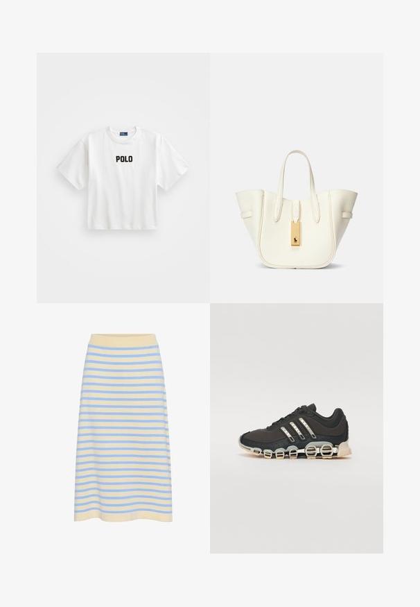 T-shirt en coton blanc à manches courtes, avec un logo "POLO" brodé en noir sur le devant. Design simple et carré.; Jupe midi à rayures en coton doux avec une base jaune clair et des rayures horizontales bleues. Elle dispose d'une taille élastique côtelée.; Chaussure de sport noire avec un dessus texturé, trois bandes argentées et une semelle amortissante distinctive comportant plusieurs sections intégrées.; Sac fourre-tout en cuir blanc avec une forme structurée, des coutures marquées, une étiquette en matériel doré et deux poignées. Surface texturée avec des poches latérales.