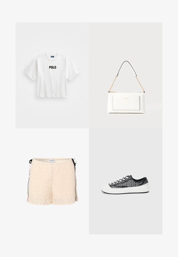 T-shirt en coton blanc à manches courtes, avec un logo "POLO" brodé en noir sur le devant. Design simple et carré.; Shorts en dentelle pêche avec taille élastique, liens latéraux et motif chevron. Texture douce et coupe ample pour le confort.; Baskets noires et grises à motif avec un embout en caoutchouc blanc, dotées d'un design à lacets et de accents texturés noirs sur les côtés.; Sac à main en cuir blanc avec un fini texturé, doté d'une bandoulière en chaîne dorée et d'accents noirs. Comprend une poche avant et une fermeture éclair.