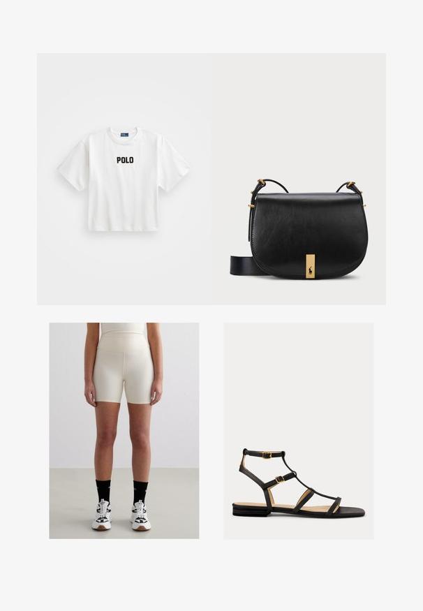Balta kokvilnas T-krekls ar īsām piedurknēm, ar melnu izšūtu "POLO" logo priekšpusē. Vienkāršs, kvadrātveida dizains.; Beige augstas jostas šorti ar gludu, stiept materiālu. Iespējas ietver pieguļošu dizainu un vidus augšstilba garumu, apvienoti ar baltām tenisēm un melnām zeķēm.; Melnas plakanas sandales ar vairākiem siksnām, ar zelta detaļām un gludu tekstūru. Zema profila dizains ar mīkstu zoli.; Melnas ādas crossbody soma ar zelta toņa metāla akcentu un regulējamu siksnu, kurai ir gluda tekstūra un izliekta forma.