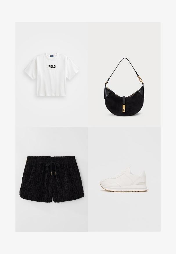 Fehér pamut póló rövid ujjakkal, az elején fekete hímzett "POLO" logóval. Egyszerű, dobozos kialakítás.; Fekete sort, mely bársonyos textúrával rendelkezik, az egész felületén domború Versace logó található, rugalmas derékkal és illő húzózsinórral.; Fehér alacsony szárú sportcipő, fűzős elől, párnázott talppal és bézs gumitalppal, sima háttér előtt.; Fekete kézi táska ívelt formában, velúrból és bőrből készült, aranyszínű cipzárral és logó részlettel rendelkezik. Rövid fogantyú található rajta.