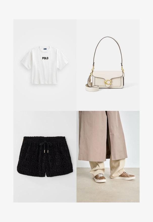 Tricou alb din bumbac cu mâneci scurte, având un logo „POLO” brodat negru pe față. Design simplu, de tip boxy.; Pantaloni scurți negri cu o textură de catifea, cu un logo Versace embosat pe întreaga suprafață, bandă elastică la talie și un șnur asortat.; Palton bej peste pantaloni largi de un bej deschis. Pantofi sport maro cu un model texturat și șireturi albe. Podea netedă, minimalistă.; Geantă de mână din piele crem, cu un design structurat, margini negre contrastante, accesorii din aur și o curea detașabilă cu un logo semnătură.