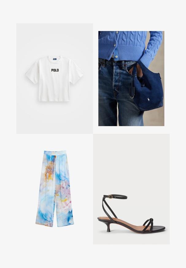 White cotton t-shirt with short sleeves, featuring a black embroidered "POLO" logo on the front. Simple, boxy design.; Lightweight, wide-leg pants featuring a blue and orange watercolor pattern. Elastic waistband, soft fabric texture, and flowy silhouette.; Polo Ralph Lauren LEATHER KITTEN-HEEL SANDAL - Classic heels - black; Navy suede handbag with soft texture, dual handles, and a small attached tag. Features a white logo on the front and a rounded bottom.