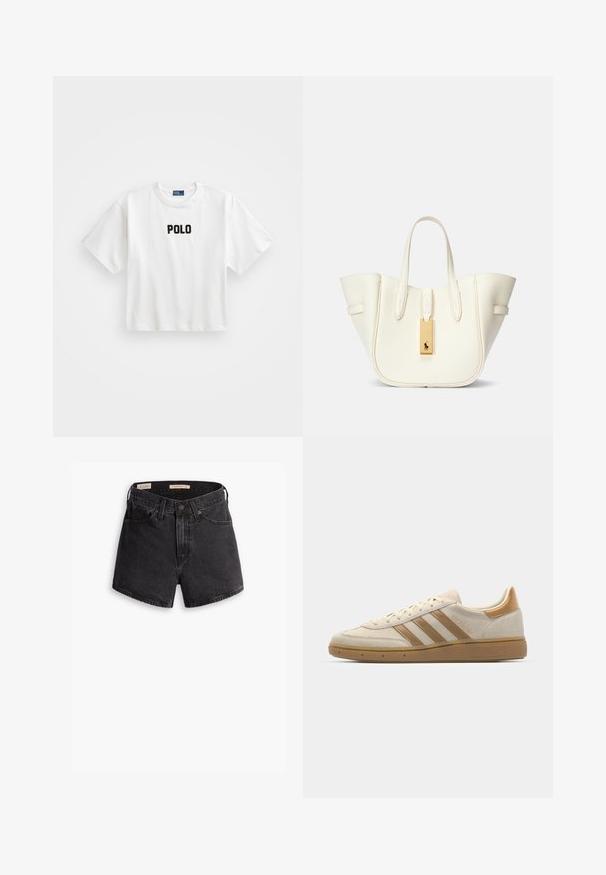 White cotton t-shirt with short sleeves, featuring a black embroidered "POLO" logo on the front. Simple, boxy design.; Black denim shorts with a high waist, featuring a front button closure, four pockets, and a slightly distressed finish.; Beige suede sneaker with light brown accents. Features three brown stripes, textured rubber sole, and a rounded toe design.; White leather tote bag with a structured shape, prominent stitching, gold hardware tag, and dual handles. Textured surface with side pockets.