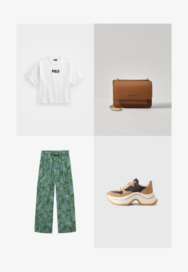 Biała bawełniana koszulka z krótkim rękawem, z czarnym haftowanym logo "POLO" na przodzie. Prosty, pudełkowy krój.; Zielone spodnie o szerokich nogawkach w wzór paisley z elastycznym pasem i sznurkiem do regulacji. Tkanina ma gładką fakturę i posiada misternie wykonane niebieskie akcenty.; Sneakers z grubą podeszwą w beżowym i ciemnobrązowym kolorze z zamszowymi akcentami, białymi sznurowadłami oraz małym złotym charmsami MK z boku.; Brązowa skórzana torba na ramię z teksturą, z złotym łańcuszkiem i zapięciem na klapkę. Z przodu znajduje się detal z logo oraz kieszeń pod klapką.