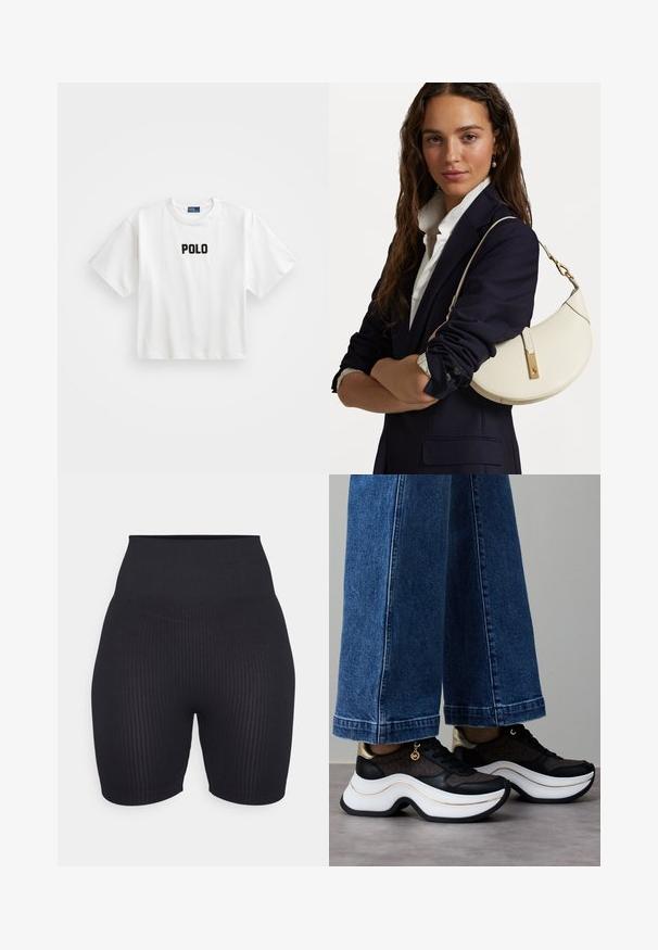 T-shirt branca de algodão com mangas curtas, apresentando um logótipo em bordado preto "POLO" na parte da frente. Design simples e rectangular.; Calças curtas pretas com nervuras e uma cintura alta, apresentando um design justo e uma textura suave. O comprimento chega até a metade da coxa.; Ténis pretos e dourados com sola branca curva. Tecido texturizado com detalhes do logótipo. Combinados com calças largas de ganga azul.; Bolsa de mão de couro branco com forma curva, material dourado e acabamento texturizado, usada sobre um blazer escuro e uma camisa branca.