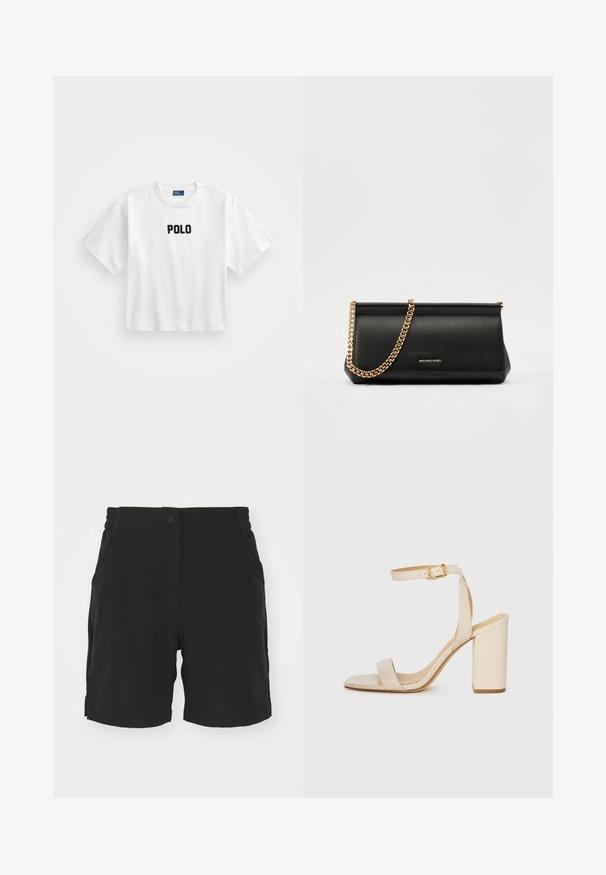 Fehér pamut póló rövid ujjakkal, az elején fekete hímzett "POLO" logóval. Egyszerű, dobozos kialakítás.; Fekete rövidnadrág sima anyagból, gombos záródással, elasztikus derékrésszel és oldalsó zsebekkel. Egyenes fazon, hemzéssel az alján.; Beige színű magassarkú szandál négyzet alakú orral, vékony bokapánttal és tömbsarkúval. Simas bőrfelület arany csattal díszítve.; Fekete bőr kisméretű táska arany lánccal, sima felülettel, téglalap alakú, és dombornyomott márkázással az elején.