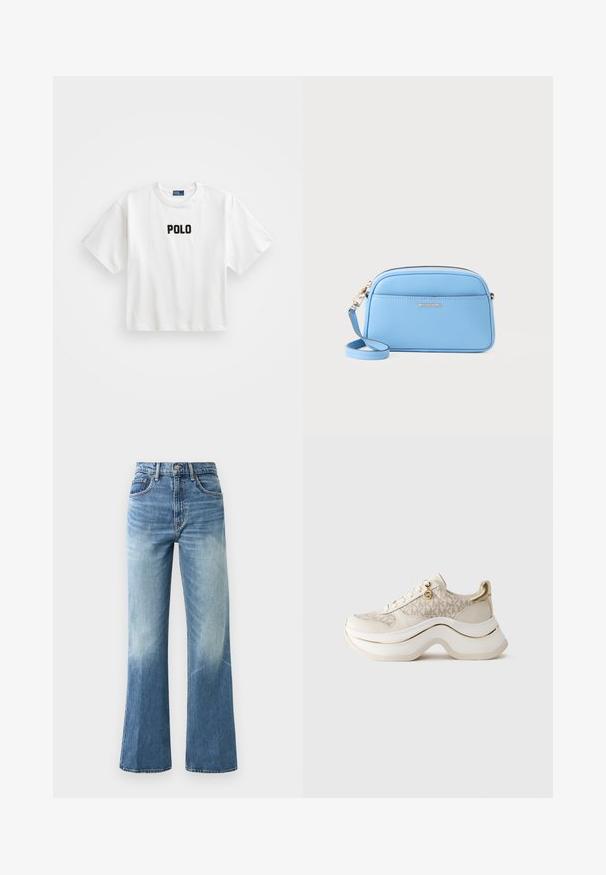 Bílý bavlněný tričko s krátkými rukávy, na přední straně se vyznačuje černě vyšitým logem "POLO". Jednoduchý, boxovitý design.; Světle modré džíny s vysokým pasem, s širokým střihem, vybledlou texturou, pěti kapsami a kovovým zapínáním na knoflík.; Béžové a zlaté platformové tenisky s vzorem "MK", šněrováním na přední straně, zlatým přívěskem a silnou vlnitou podrážkou na jednobarevném pozadí.; Svetle modrá kožená crossbody taška se zlatými kovovými doplňky, zipovým uzávěrem a přední kapsou. Obsahuje nastavitelné ramenní popruh pro pohodlí.