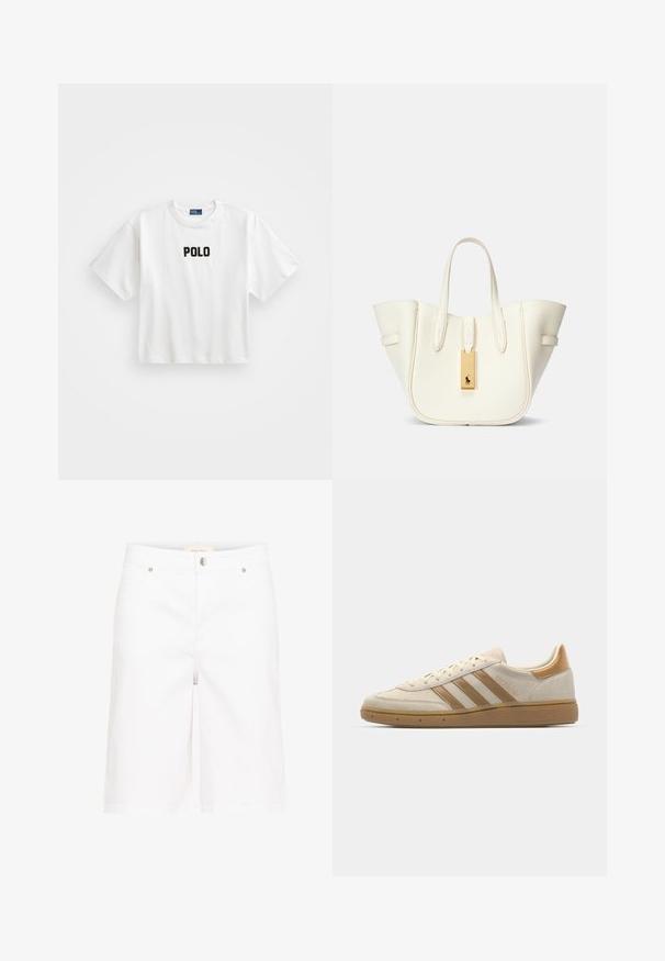 Camiseta de algodón blanca con mangas cortas, con un logotipo bordado en negro que dice "POLO" en el frente. Diseño simple y cuadrado.; Bermudas de mezclilla blancas con corte recto, con cierre de botón en el frente, trabillas para cinturón y dos bolsillos frontales. Textura suave.; Zapatilla de ante beige con acentos en marrón claro. Presenta tres rayas marrones, suela de goma texturizada y un diseño de punta redonda.; Bolso de tote de cuero blanco con forma estructurada, costuras prominentes, etiqueta de hardware dorado y asas dobles. Superficie texturizada con bolsillos laterales.