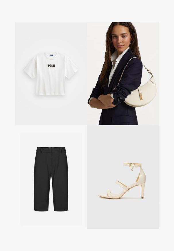 Balta medvilninė marškinėliai su trumpomis rankovėmis, frontinėje dalyje puošti juodu siuvinėtus "POLO" logotipu. Paprasta, dėžutės formos dizainas.; Juoda pritaikyta bermudų šortai, lygi medžiaga, vidutinio aukščio juosmuo, vienas raukinys priekyje, nematomi kišenės, sukirpimas apačioje, struktūrizuotas dizainas.; Šviesiai rudos aukštakulnės sagaus su plona kulkšnies juostele ir dviem viršutinėm juostelėm. Blizgus lakinės odos apdailos ir auksinė detalių apdaila ant kulkšnies juostelės.; Balta odinė rankinė, lenkto dizaino, su auksiniais elementais ir tekstūruota apdaila, dėvima su tamsiu švarku ir baltu marškiniu.