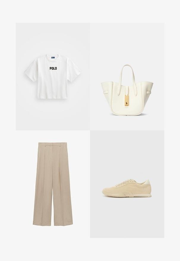 Bela bomba majica s kratkimi rokavi, na sprednji strani ima črno vezeno oznako "POLO". Preprost, kvadratast dizajn.; Beige široke hlače iz lahkega blaga z gladko teksturo, sprednjimi pregibi in visokim pasom z zankami za pas.; Bež usnjeni copati z vezalkami, teksturirano zgornje, kontrastno gumijasto podplato in rahlo peto. Minimalističen stil z diskretnim blagovno znamko.; Bela usnjena torba z obliko, ki ohranja strukturo, izrazitim šivom, zlatim kovinskim dodatkom in dvema ročkama. Teksturna površina s stranskimi žepi.