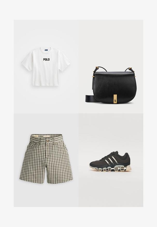 Bijela pamučna majica s kratkim rukavima, koja na prednjoj strani ima crni izvezeni "POLO" logo. Jednostavan, kutni dizajn.; Bermude smeđe i bijele kare s kopčom na dugme, dva prednja džepa i ležernim krojem. Izrađene su od tkanine s glatkom teksturom.; Crne atletske tenisice s teksturiranim gornjim dijelom, tri srebrne pruge i posebnim potplatom s višestrukim integriranim sekcijama.; Crna kožna torba preko ramena s zlatnim metalnim naglaskom i podesivim remenom, koja se odlikuje glatkom teksturom i zakrivljenim oblikom.